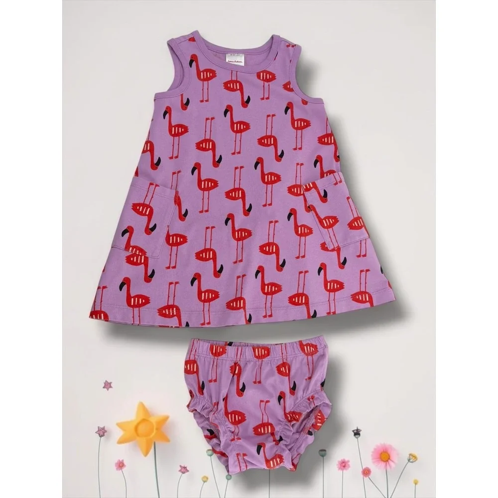 Hanna Andersson Flamingo Print Cotton Sleeveless Dress & Bloomer Set 2T